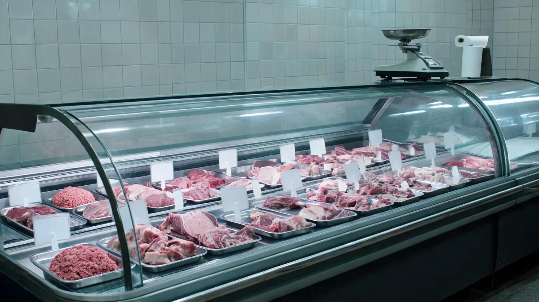 La vitrina refrigerada de la carnicería, con las bandejas de carne y sus etiquetas.