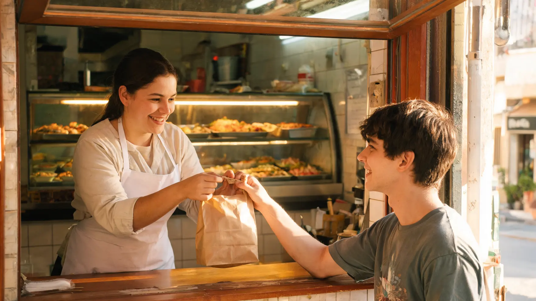 Una comerciante entrega la bolsa con la comida preparada a un cliente en el mostrador.