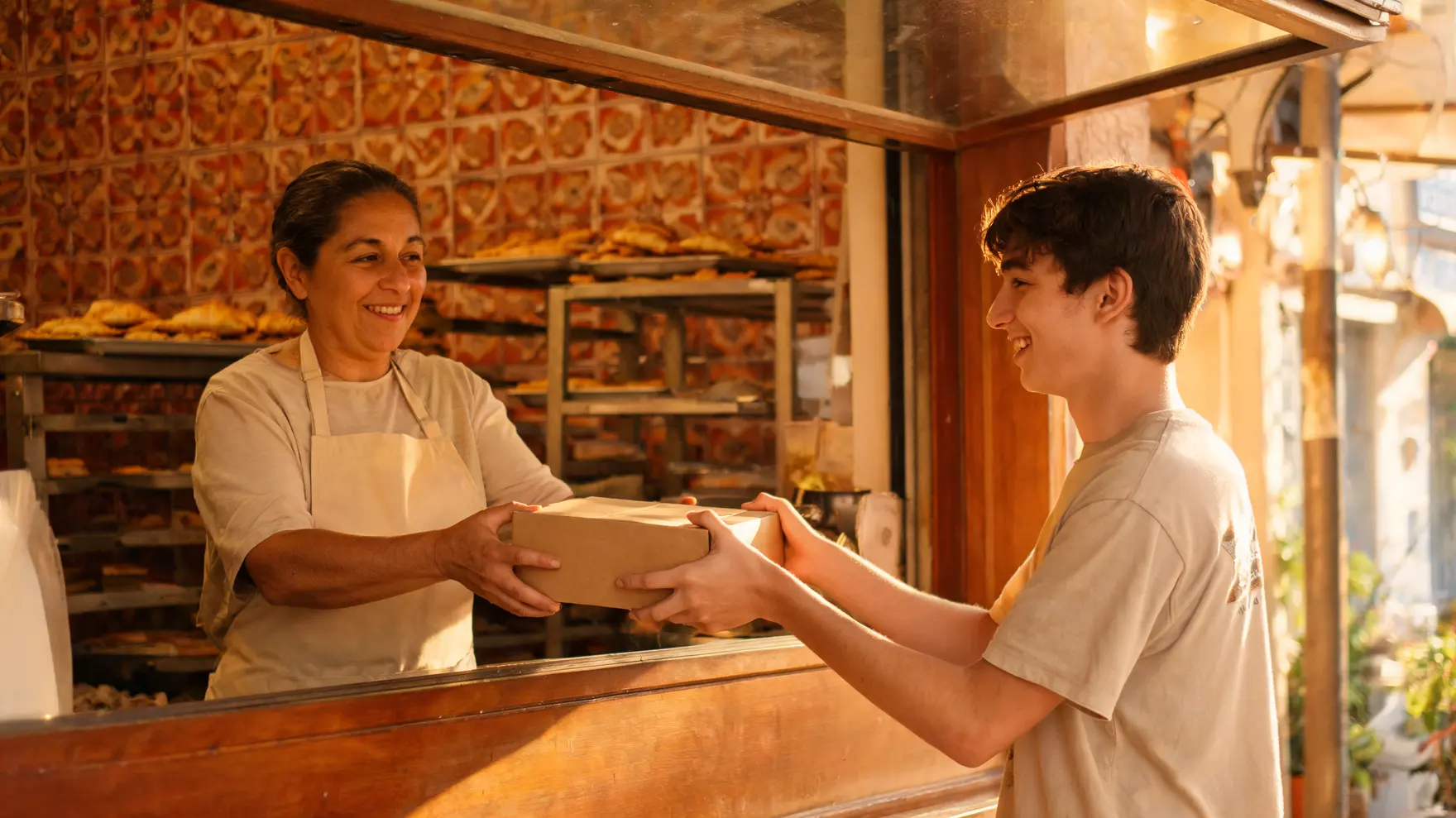 Una comerciante entrega el paquete de empanadas a un cliente joven en el mostrador.