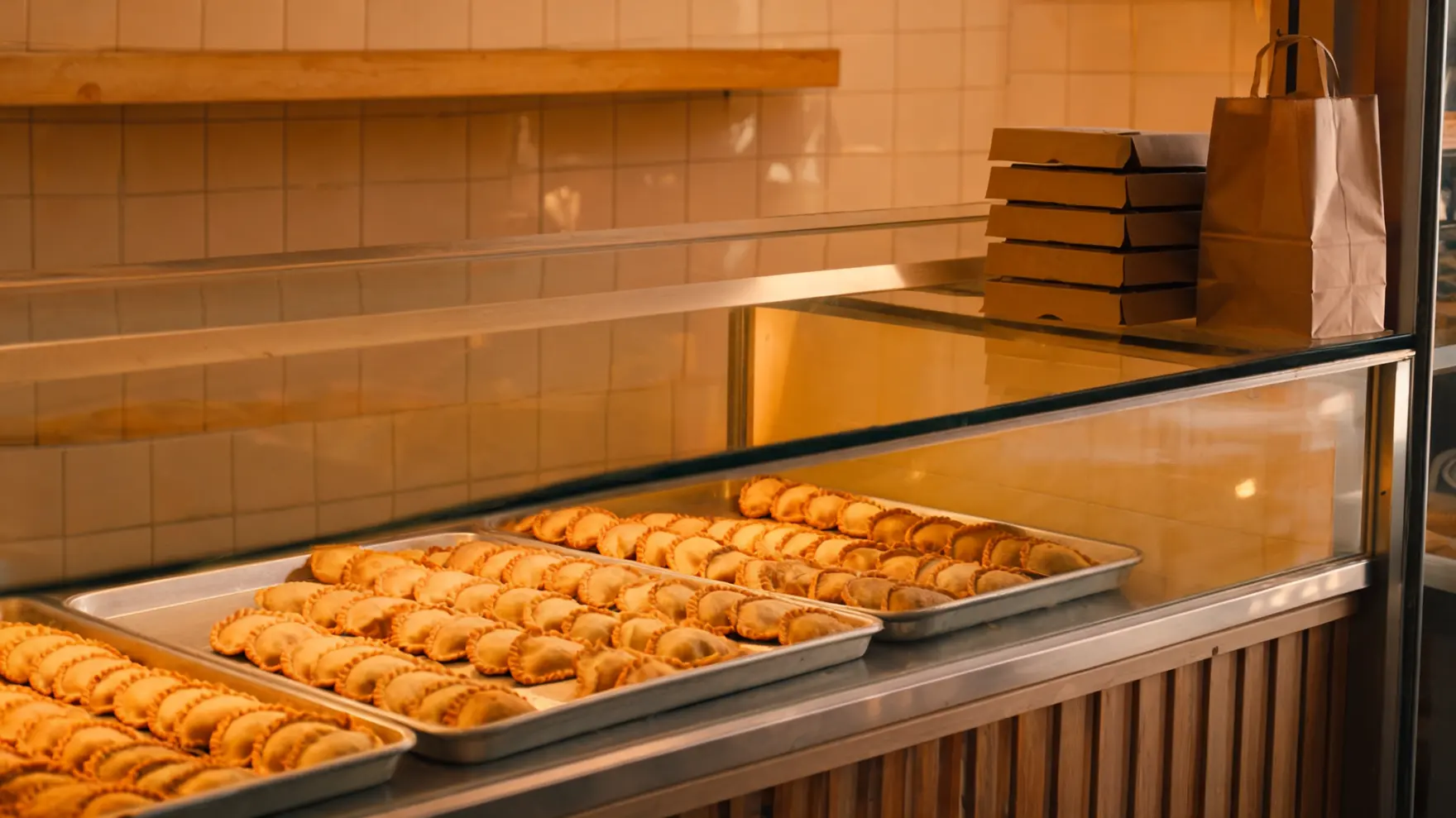Las bandejas de empanadas recién horneadas, alineadas en la vitrina del obrador.