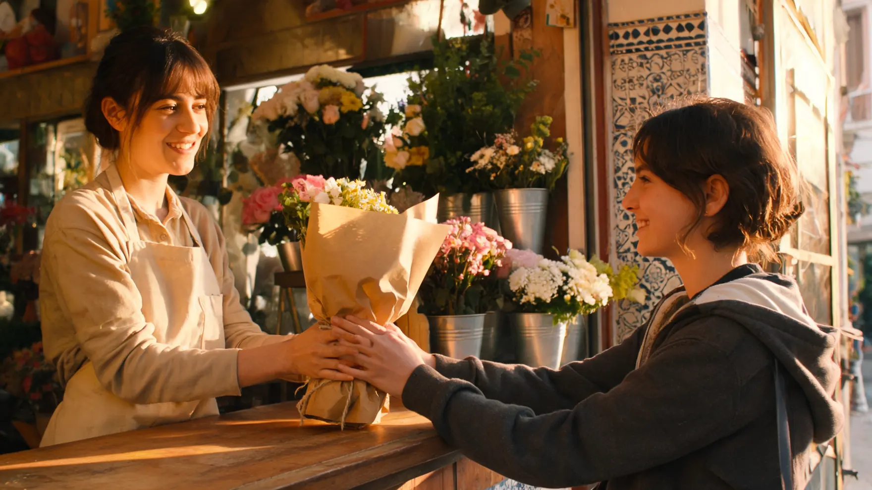Una florista entrega el ramo recién envuelto a su clienta en la tienda.