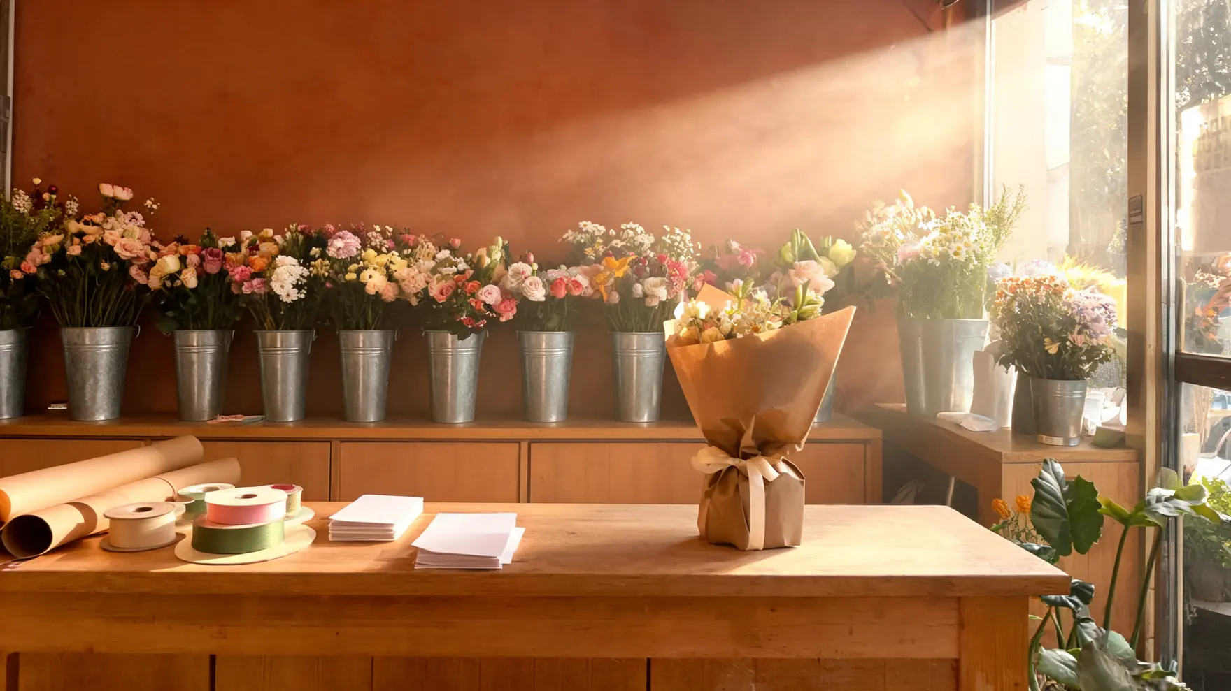 El interior de la floristería, con los cubos de flores y el mostrador de trabajo.