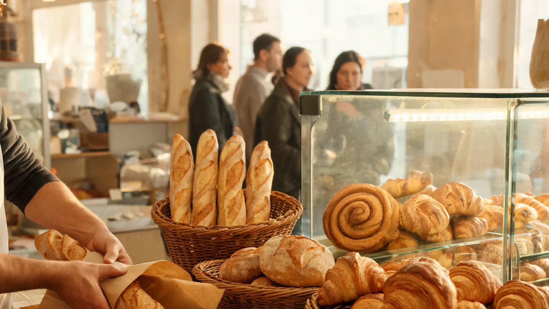 El mostrador de la panadería con las barras, las hogazas, los croissants y los cestos del día.