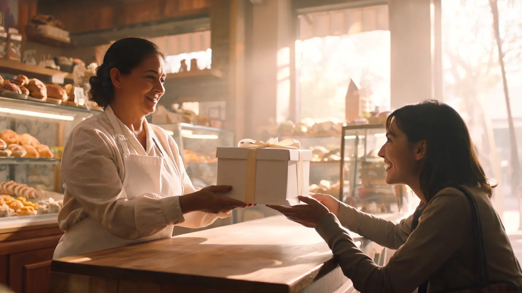 Una pastelera entrega la caja de la tarta a una clienta en el mostrador.