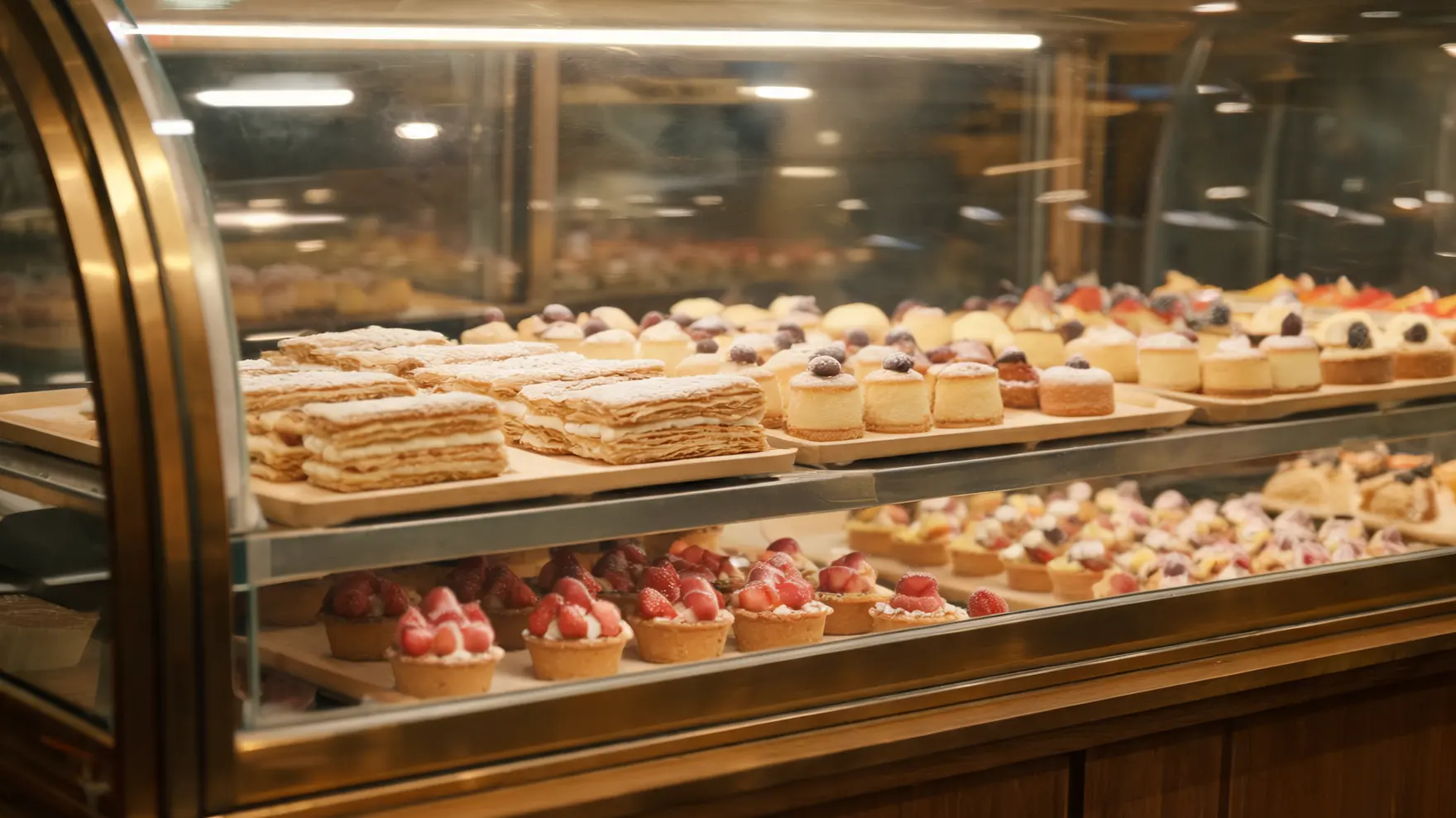 La vitrina de la pastelería con las bandejas de pasteles y las tartas individuales.