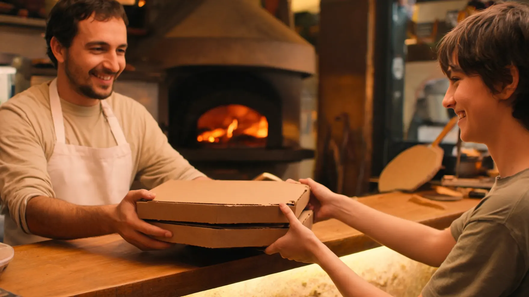 Un pizzero entrega las cajas de pizza a un cliente delante del horno.
