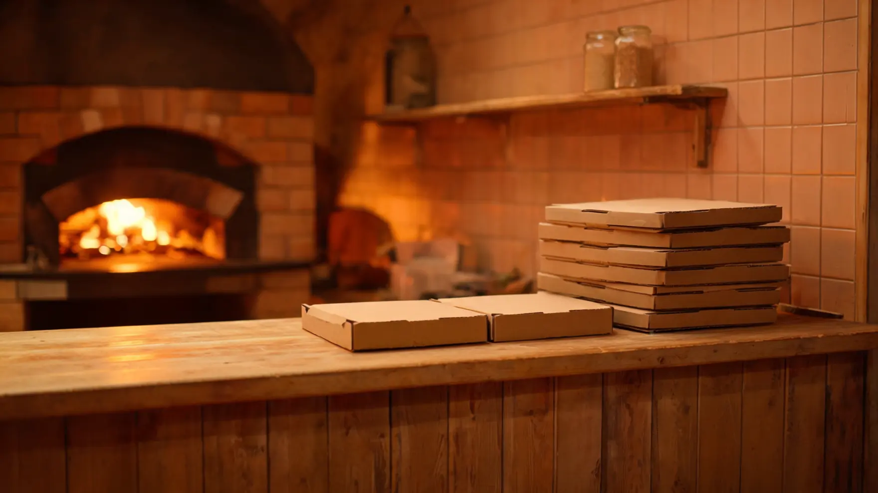 Las cajas de pizza apiladas junto al horno de leña encendido.