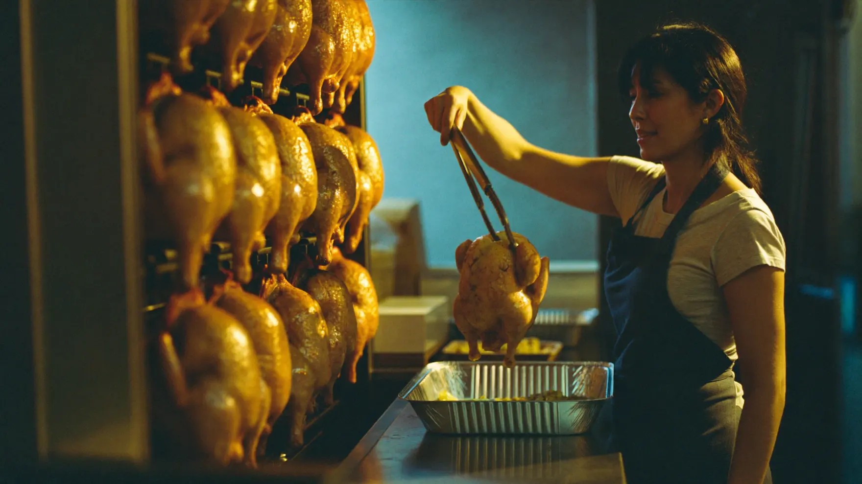 Una empleada retira con pinzas un pollo asado del asador, entre las filas de pollos dorados.