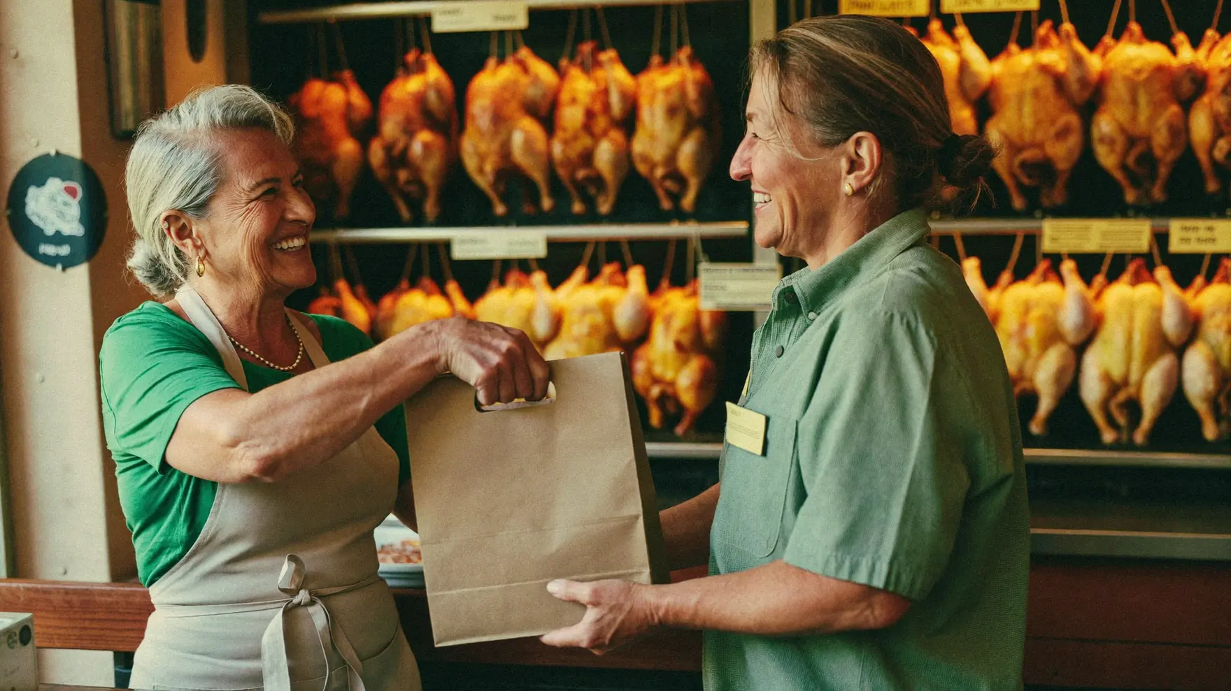 Una comerciante entrega en mano la bolsa con el pollo a un cliente, delante del asador.